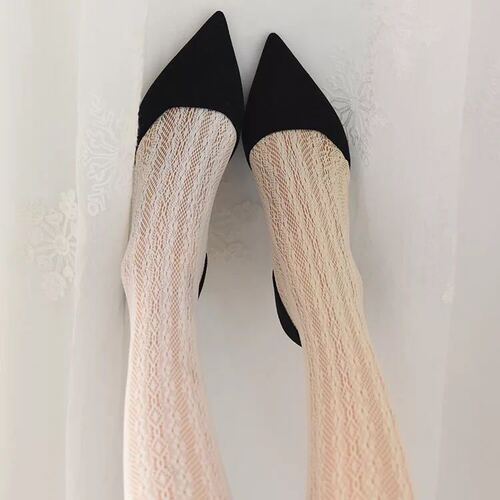 Japanese boots under W Internet celebrity retro hollow milk white vertical stripes lace fishnet stockings pantyhose ins French girl