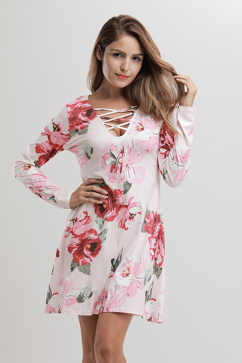 Summer Floral Cross Neck Sexy Mini Dress Loose Fit Pleated Skirt Short Sleeve Casual Wear Beach or Party