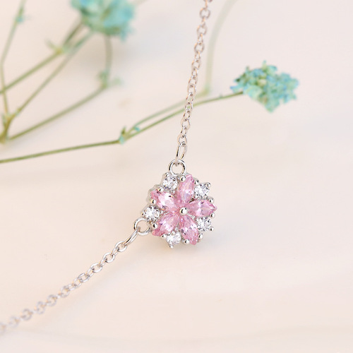 Cherry Blossom Diamond Crystal Necklace for Women - Korean Style Short Pendant Necklace with Sweet Pink and Forest System Design