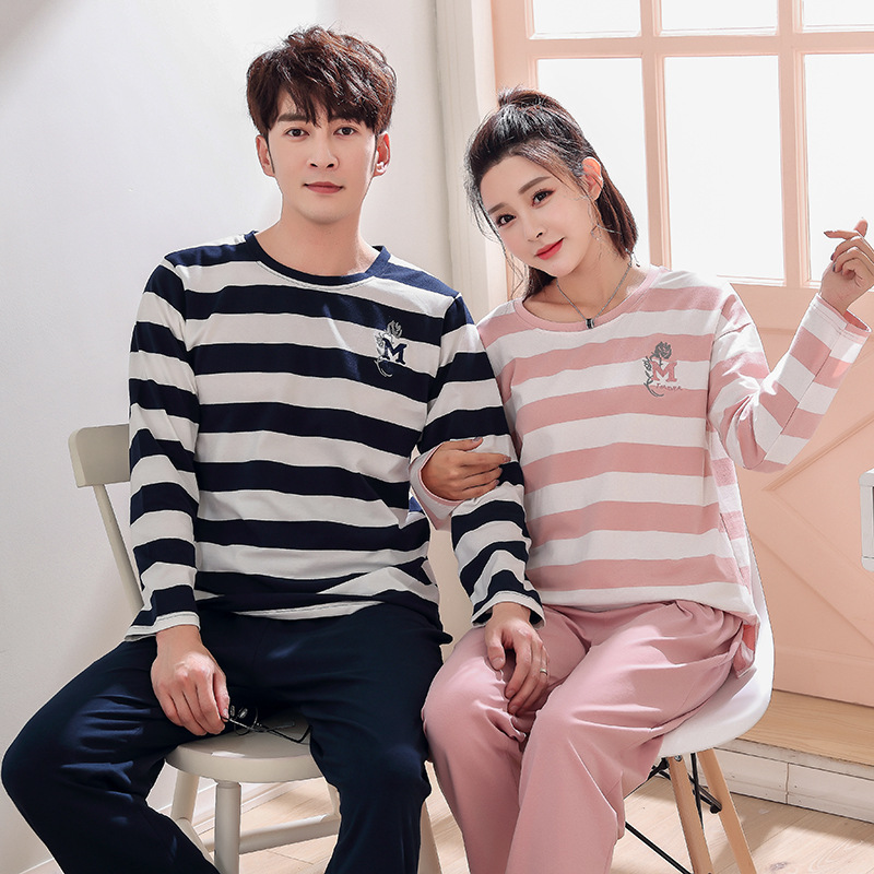 秋冬季新品情侣长袖纯棉女士睡衣条纹休闲外穿男士家居服学生套装