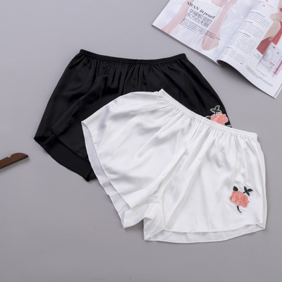 2018夏季新款玫瑰刺绣安全裤家居宽松防走光三分真丝绸缎短裤|ru