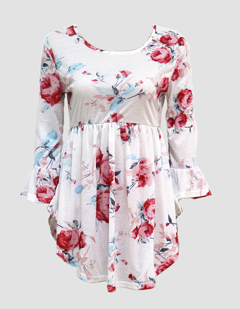 Floral Print Doll Top Sexy Design Three Quarter Bell Sleeves Round Neck Autumn Fashion Wholesale Available