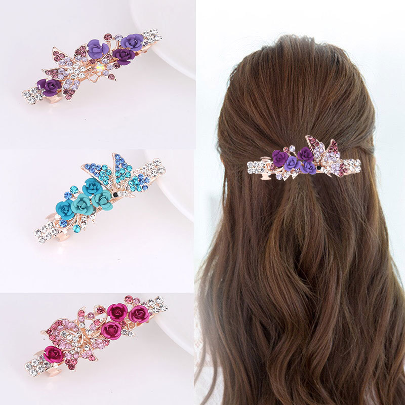 Hair clip hairpin for women girls hair accessories Small rose flower water diamond hairpin headdress women versatile small top clip horse tail hairpin