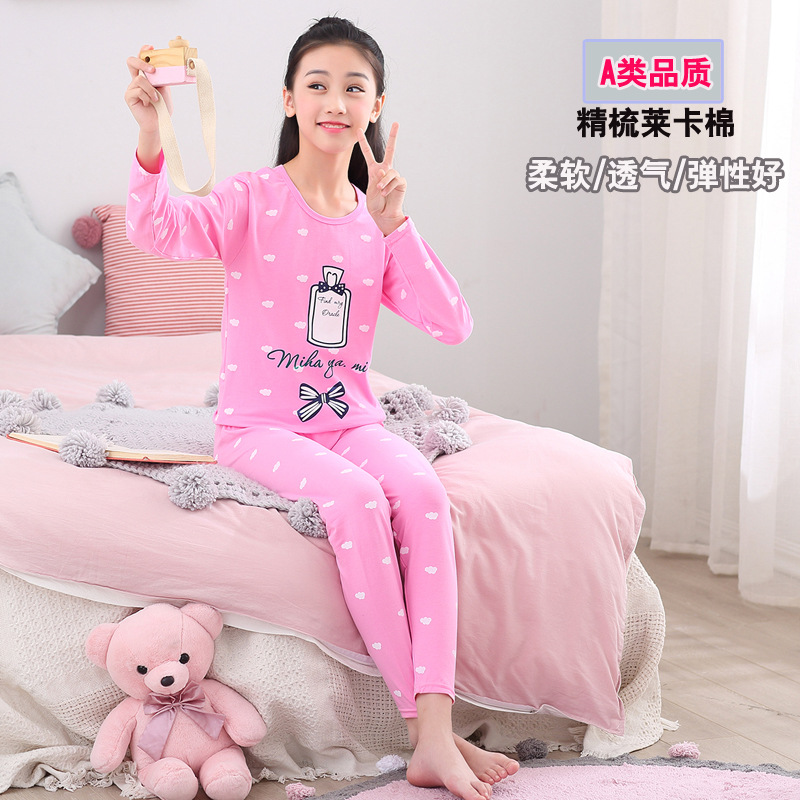 Clase A calidad delgada de la muchacha ropa interior conjunto medio y grande niños niñas lycra algodón otoño ropa pantalones largos conjunto algodón peinado