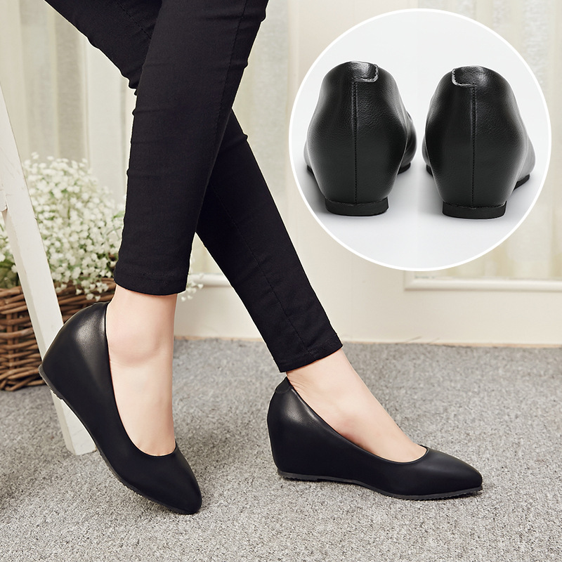 坡跟单鞋女2021新款浅口尖头黑色工作鞋平底鞋大码小码女鞋子|ru
