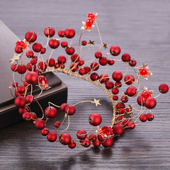 團銘皇冠 熱銷紅色珍珠王冠 表演結婚頭飾 生日整圈皇冠髮飾批發