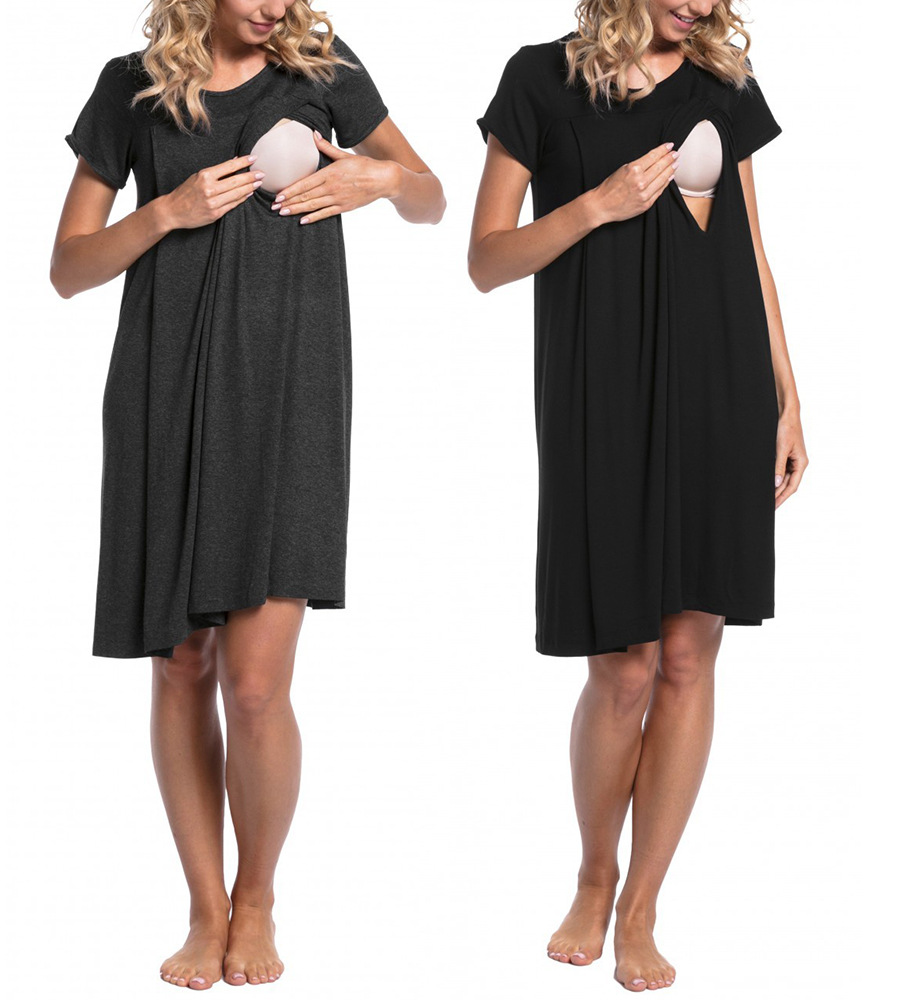 Single Breasted Solid Color Short Sleeves Round Neck Breastfeeding Maternity Dress NSHYF116736