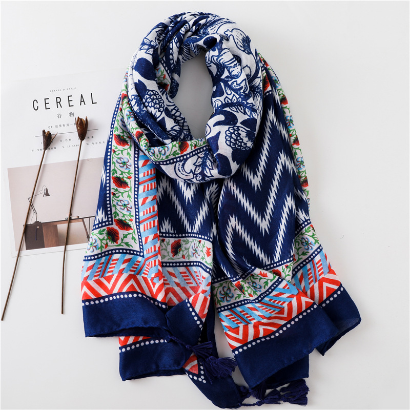 Sun Shawl Women Summer National Style Cotton And Linen Silk Scarf Printing Tassel Tulle Travel Beach Towel Sunshade Scarf display picture 18
