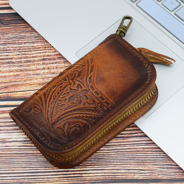Foreign trade supply first layer of tree plaster bark embossed creative car intelligent remote control key bag driver's license card position vegetable tanned leather