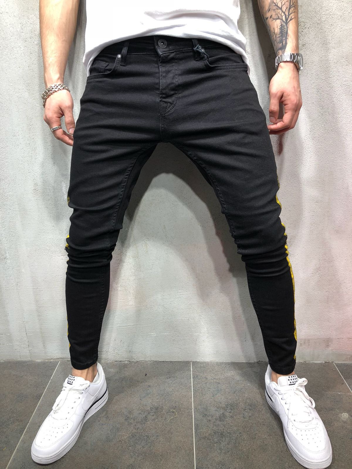 2021 Mens Skinny Black Jeans Yellow Side Stripes Hip Hop Streetwear Raw ...