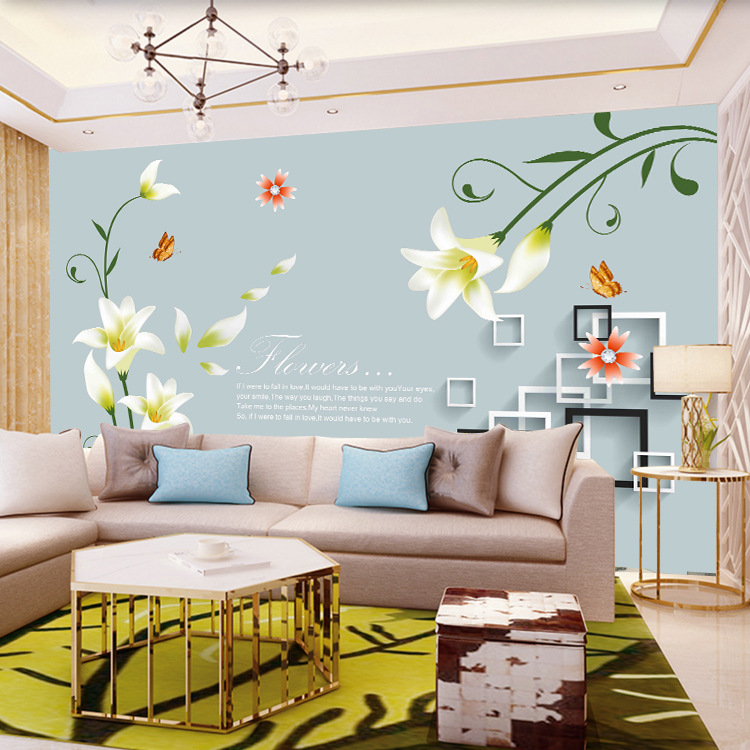 8D立体水晶无纺布电视背景墙壁画壁纸现代简约绿色百合卧室墙布