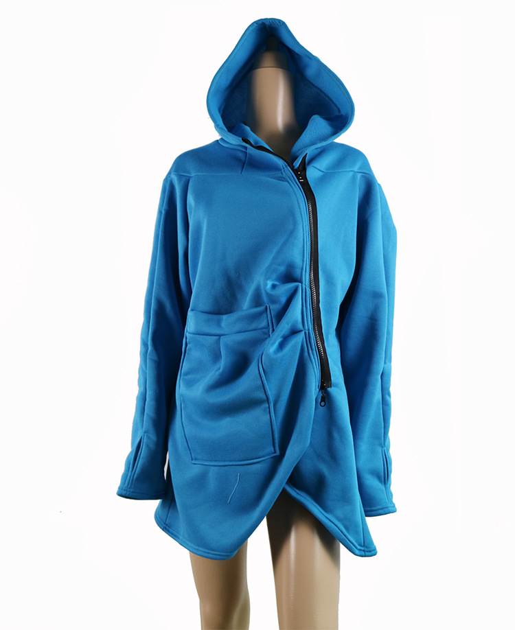 Mid Length Irregular Hooded Zipper Sweatshirt Coat Fleece Lined Multiple Colors Casual Style Wholesale Available
