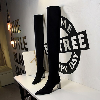 6619-1 The European and American fashion simple metal with high thick with with elastic thin pointed sexy nightclub knee