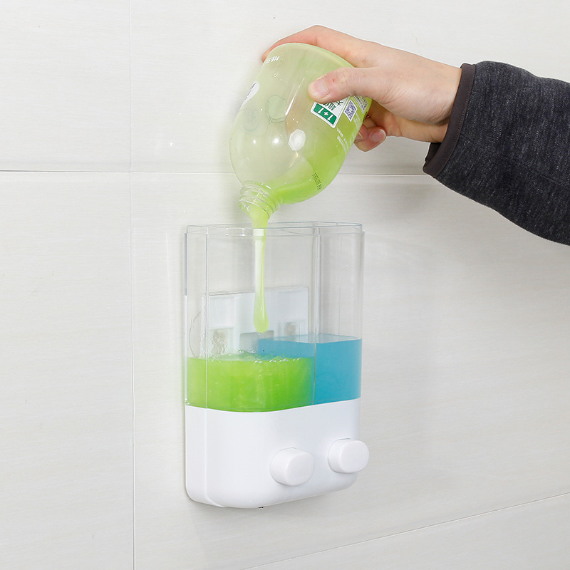Nuevo dispensador de jabón manual de doble cabeza montado en la pared Hotel baño desinfectante de manos ventosa dispensador de jabón transparente sin punzón