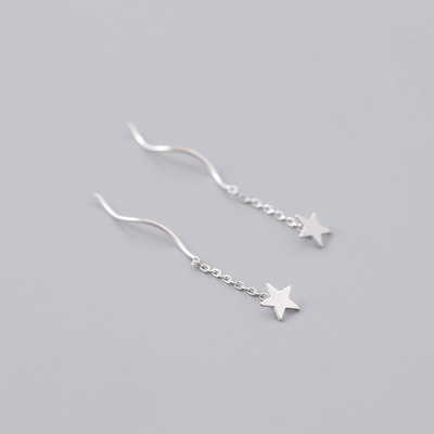 s925 Sterling Silver star have more cash than can be accounted for Ear Studs Japan and South Korea wave Smooth Five-pointed star tassels Ear line Earrings Earrings