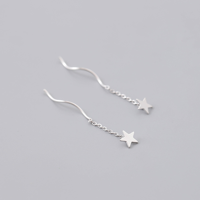 s925 Sterling Silver star have more cash than can be accounted for Ear Studs Japan and South Korea wave Smooth Five-pointed star tassels Ear line Earrings Earrings