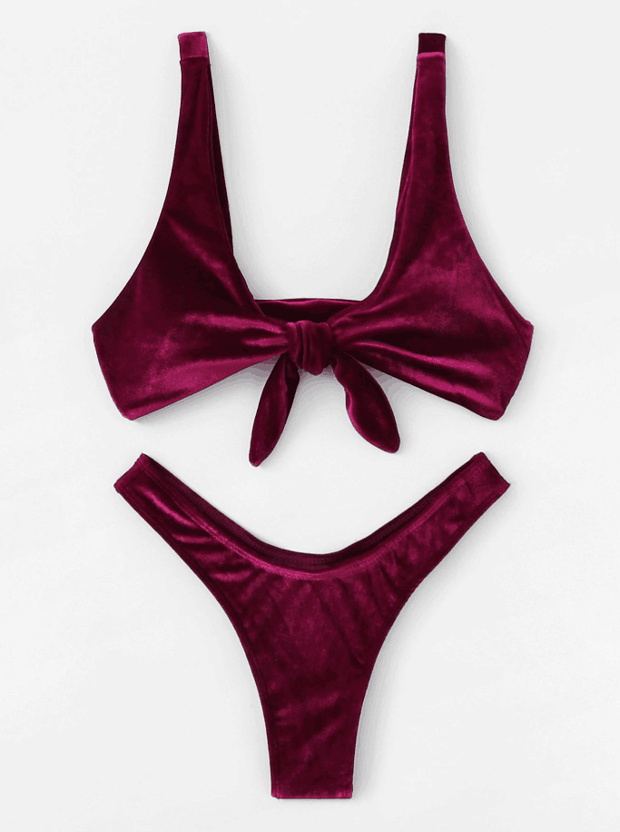 gold velvet solid color bow split swimsuit  NSHL44017