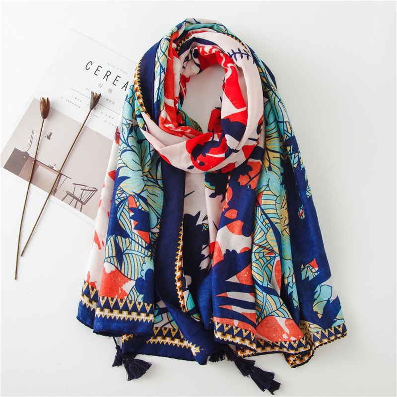 Sun Shawl Women Summer National Style Cotton And Linen Silk Scarf Printing Tassel Tulle Travel Beach Towel Sunshade Scarf display picture 3