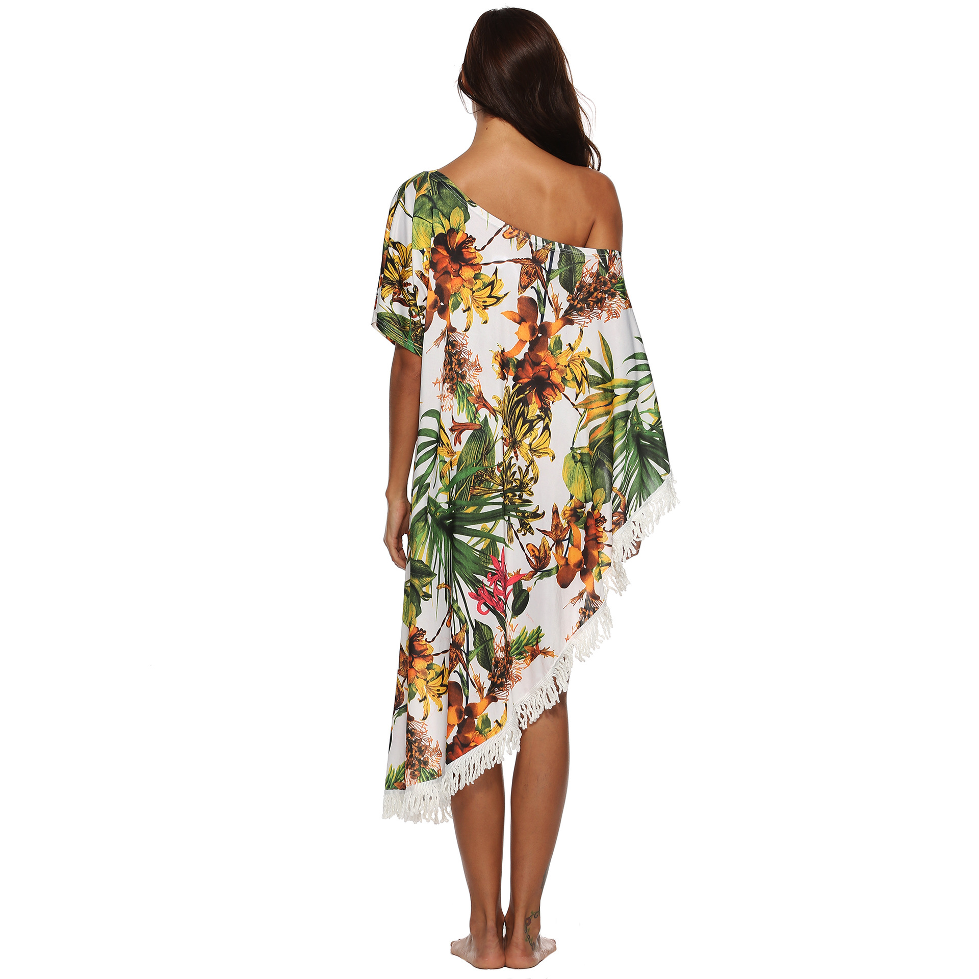 Floral Print Off Shoulder Maxi Dress Tassel Detail Irregular Hem Sun Protection Summer Casual Wear Wholesale