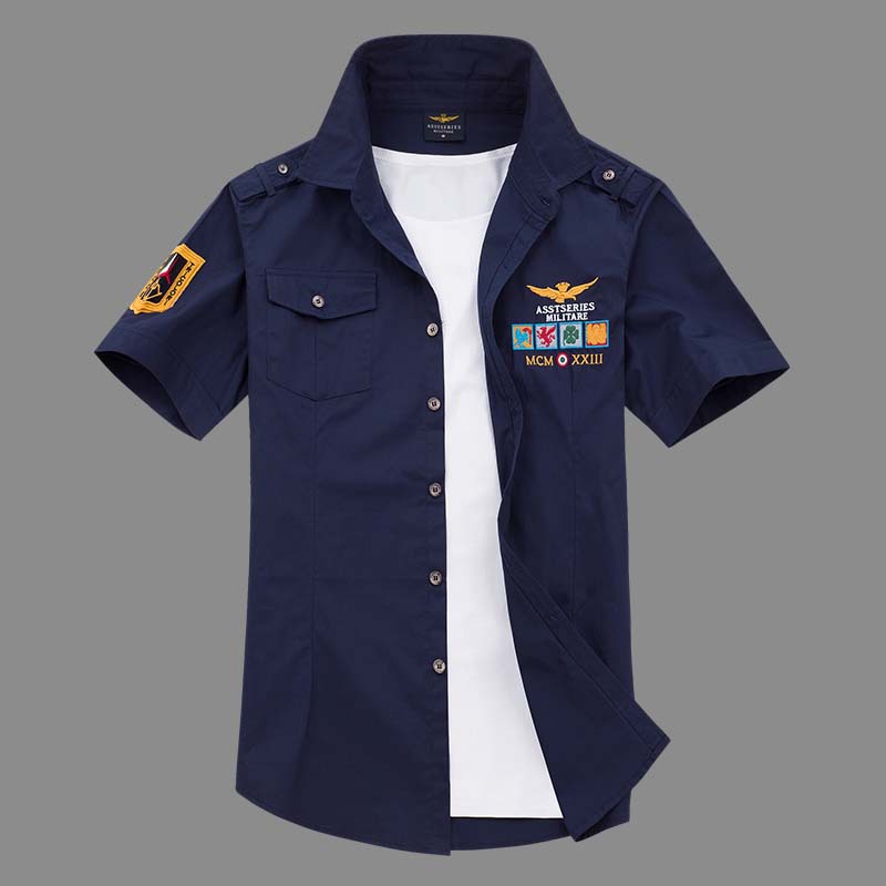 Cross border Spring and summer men's wear Short sleeved shirt Cotton Embroidery Youth man leisure time Japanese Air force one Flight Korean Edition