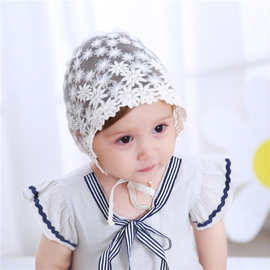 韩版新生婴儿帽子镂空绣花公主蕾丝透气宫廷胎帽系带女童宝宝帽子