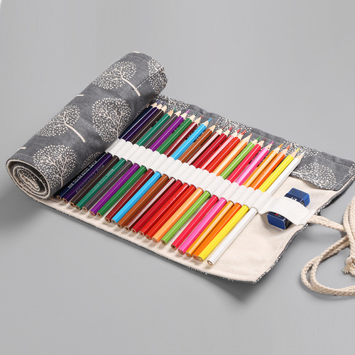 Black and white tree canvas art pen curtain 12/24/36/48/72 hole large capacity pencil roll bag color lead sketch pencil bag