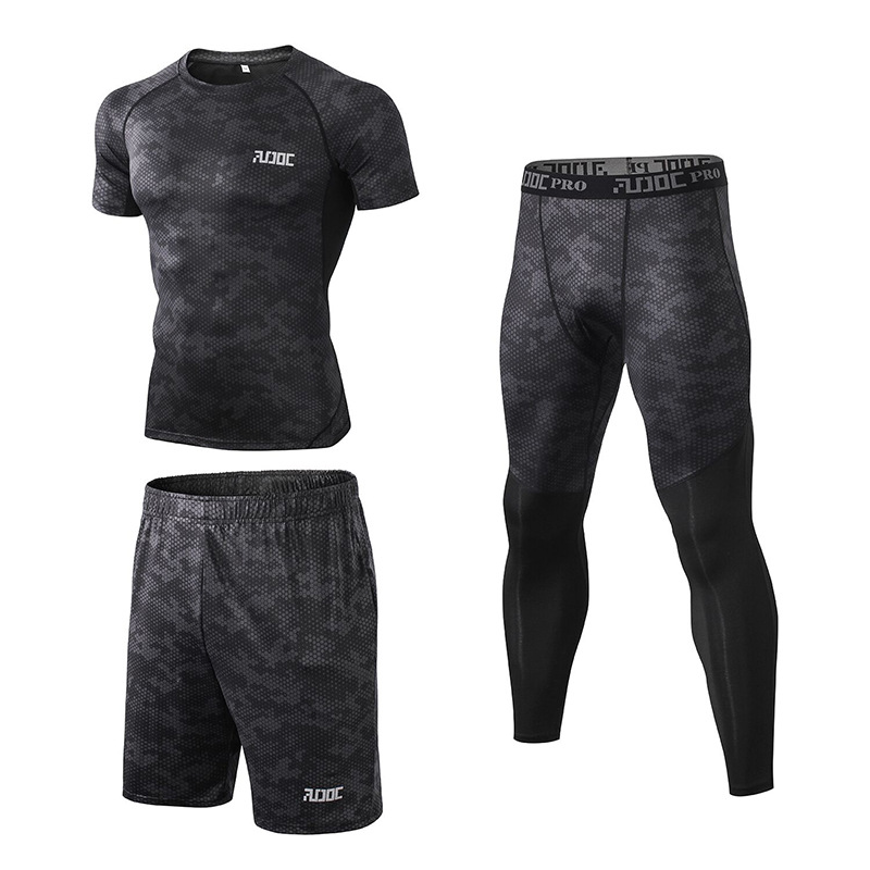 健身男紧身瑜伽短袖套装 跑步训练运动短袖套装 吸汗速干弹性套装|ru