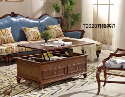 美式乡村实木茶几客厅长方形地柜组装白蜡木升降多功能茶桌储物柜
