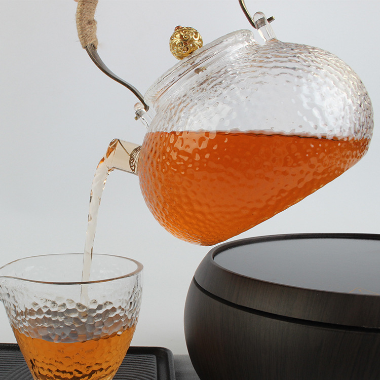 锤纹提梁煮茶玻璃壶泡茶壶 日式锤目纹玻璃茶具茶壶 电陶炉煮茶壶
