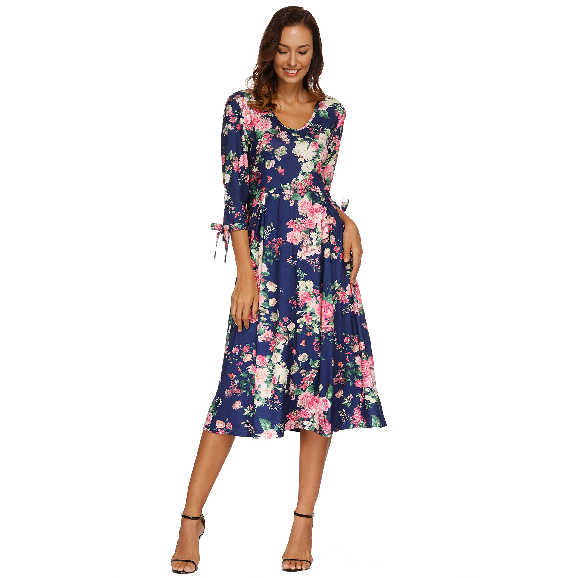 Autumn and winter new V-neck flower print big swing dress NSOY28478