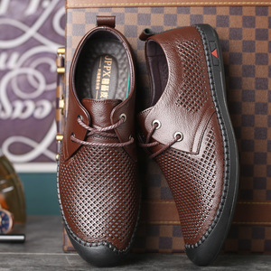 秋季新款男士浅口休闲真皮单鞋夏季镂空系带透气商务正装皮鞋男