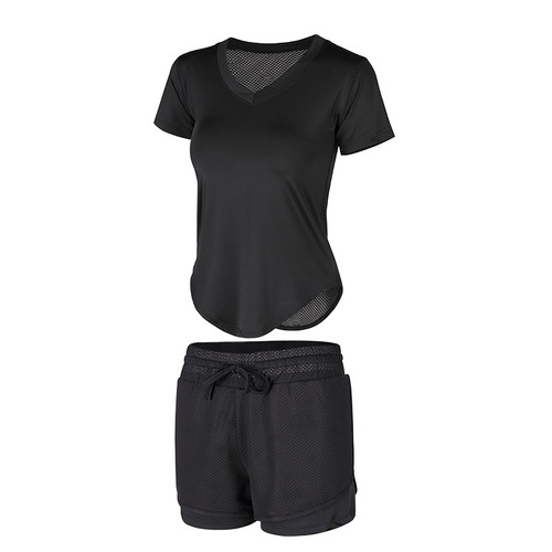 Spring and summer new fashionable hollow short-sleeved yoga clothes for women quick-drying running sports tights fitness clothes three-piece suit