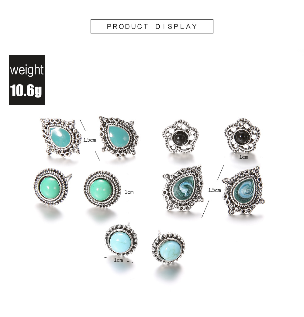 New 5 Pairs Set Earrings European And American Fashion Retro Dazzling Turquoise Gem Earrings Set display picture 1