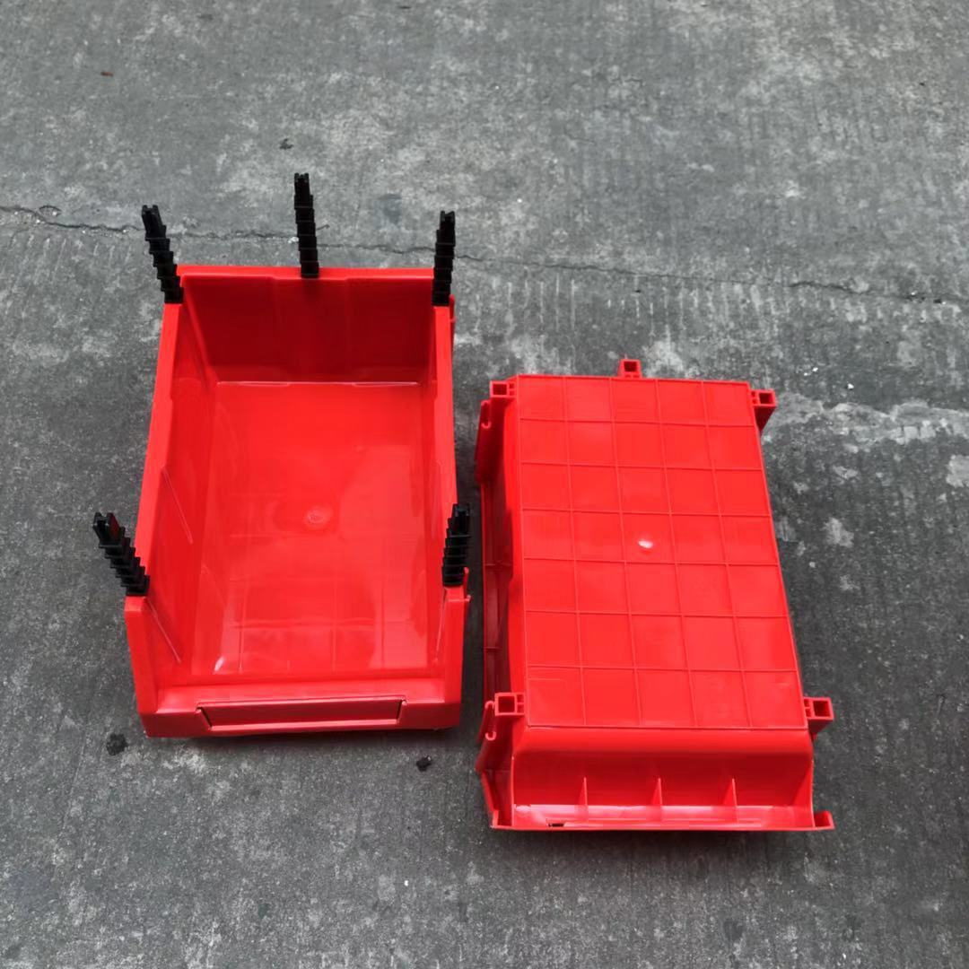 供应深圳组立货架元件盒塑料斜口盒390*245*155加厚带支架物料盒