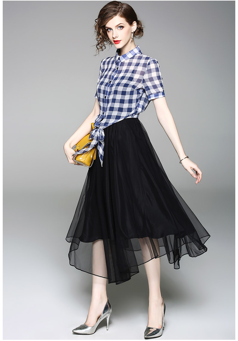 安洛琪2018夏季欧美女装新款翻领格纹雪纺衫