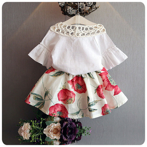 New Korean style children's clothing summer 2-piece set new style baby girl hollow collar trumpet sleeve top flower skirt set
