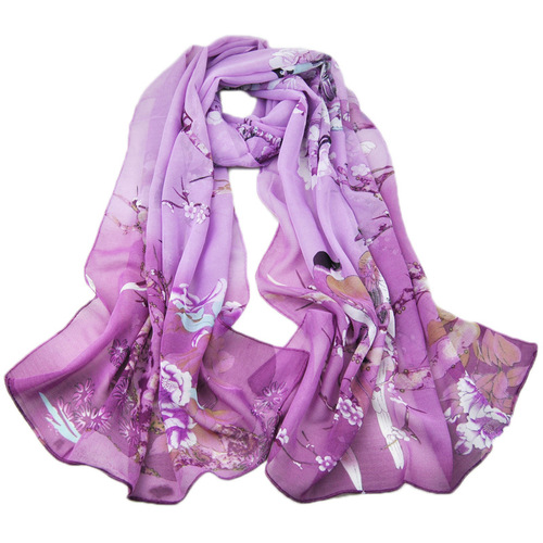 Spring and summer new style silk scarf with magpie heralding spring pattern, women's chiffon long scarf, wholesale from Yiwu small scarves and shawls
