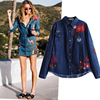 Lapel washable positioning embroidered wool-edged denim shirt 