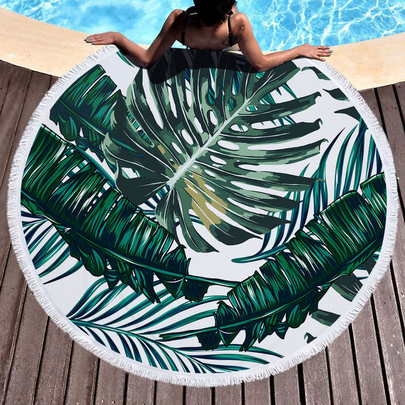 European and American style microfiber round beach towel bath towel tropical plant printing with tassel 150cm export
