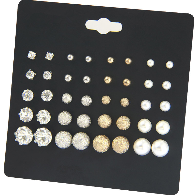 Simple Pearl Earrings Six-claw Zircon Inlaid Diamond Pearl Geometric Earrings 20 Pairs Set display picture 6