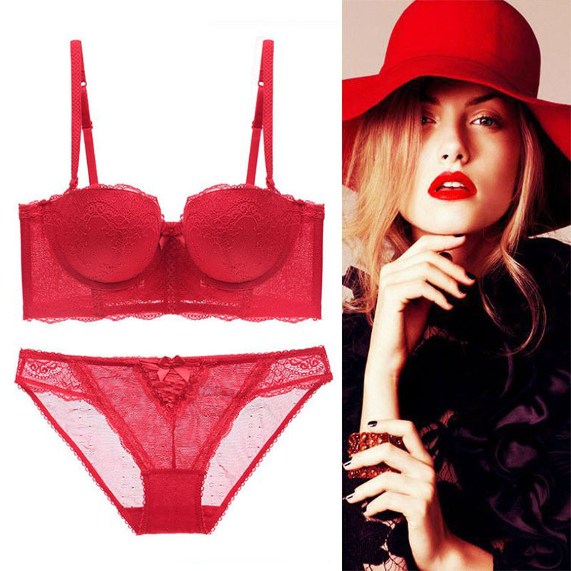 红色结婚本命年性感无肩带抹胸式隐形文胸套装半杯聚拢蕾丝内衣女|ru