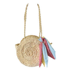 2018新款沙滩包方格丝巾圆形草编包编织女包小单肩手提简约百搭