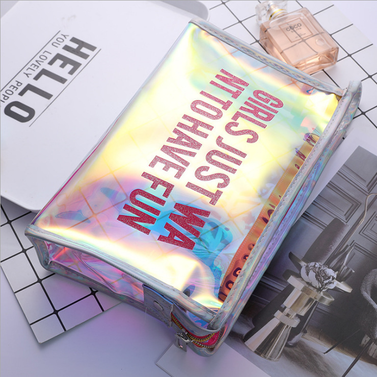 日韩新款炫彩镭射时尚透明字母学生化妆包女旅行收纳洗漱袋 幻彩|ru