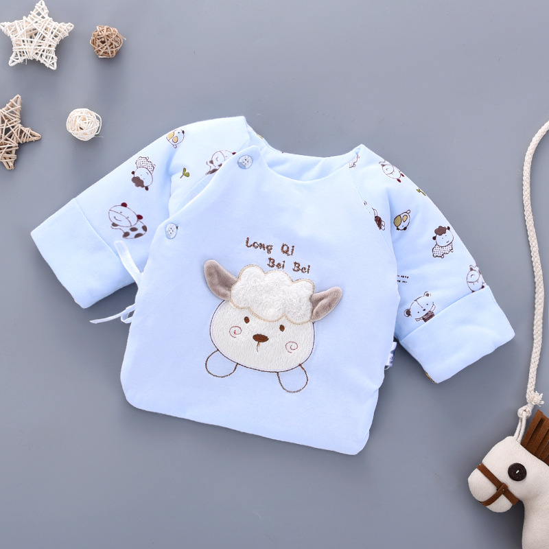 0-3月新生儿宝宝纯棉挖背衣秋冬婴儿衣服夹棉带扣系带半背衣|ru