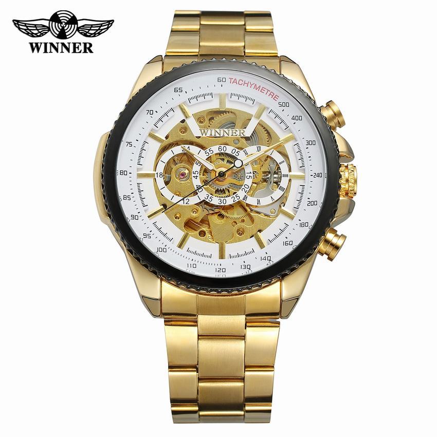 Ganador hombres de moda casual reloj hueco movimiento mecánico gran dial reloj de oro reloj mecánico automático 428
