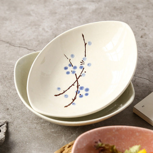 Creative Japanese plum blossom hand-painted underglaze ceramic tableware home oval rice plate salad olive boat plate