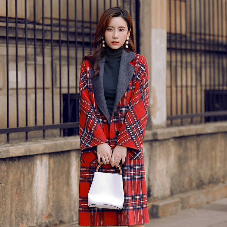 阿尔巴卡双面羊绒大衣2018秋冬新款英伦风双面呢大衣格子毛呢外套
