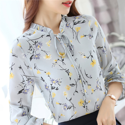 Chiffon shirt women's top long sleeve 2024 spring and summer new large size women's fat MM loose shirt floral bottoming shirt