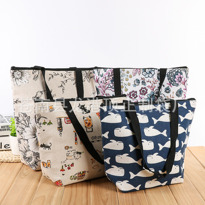 韩版时尚学生手提便当包 碎花加厚帆布手提保温袋午餐饭盒袋现货