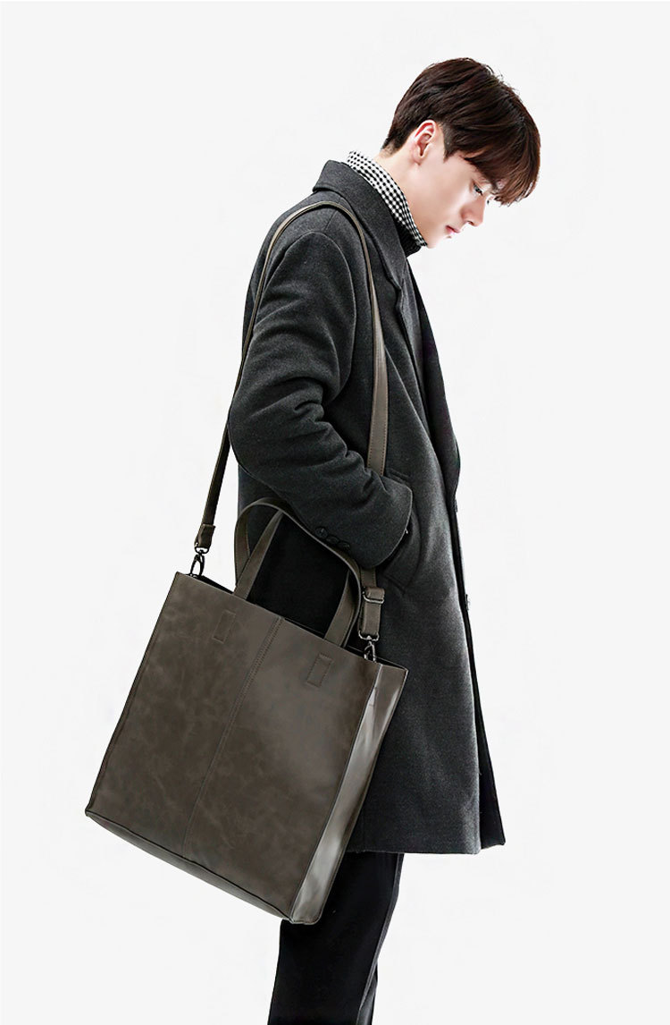 Korean version of fashionable PU leather shoulder bag, simple commuter men's and women's tote bag, square vertical crossbody large-capacity handbag_voghion.com